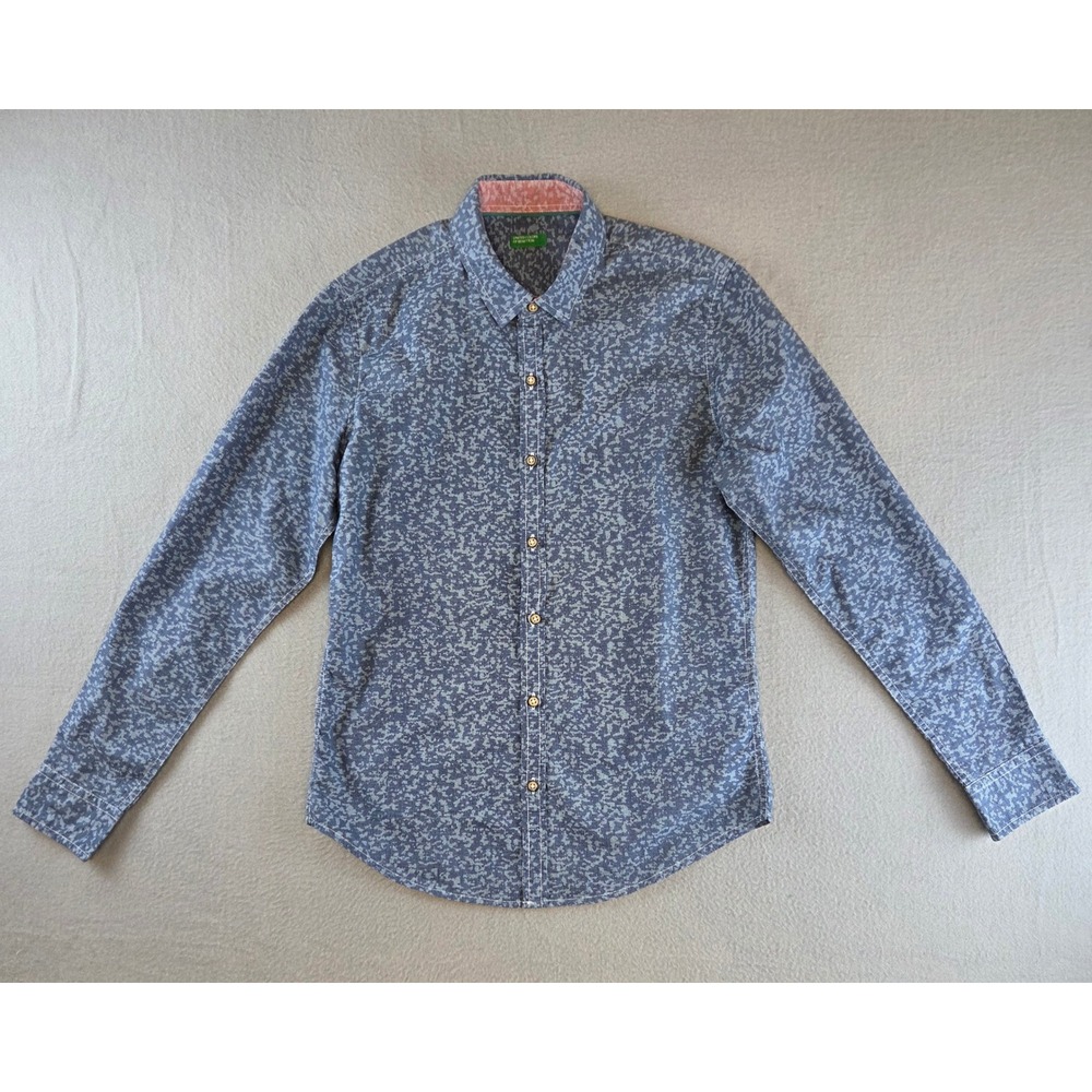 United Colors of Benetton Mens Small Blue Abstract Print Cotton Button Up Shirt